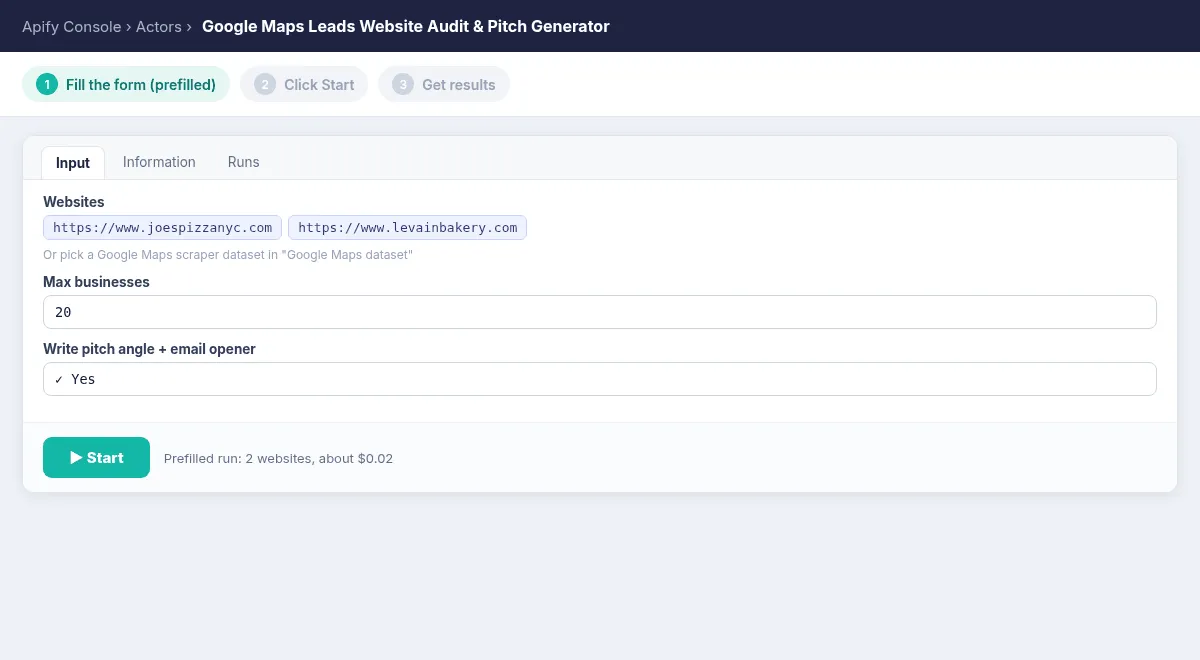 Walkthrough: the prefilled form, click Start, then the audited leads in the Overview tab