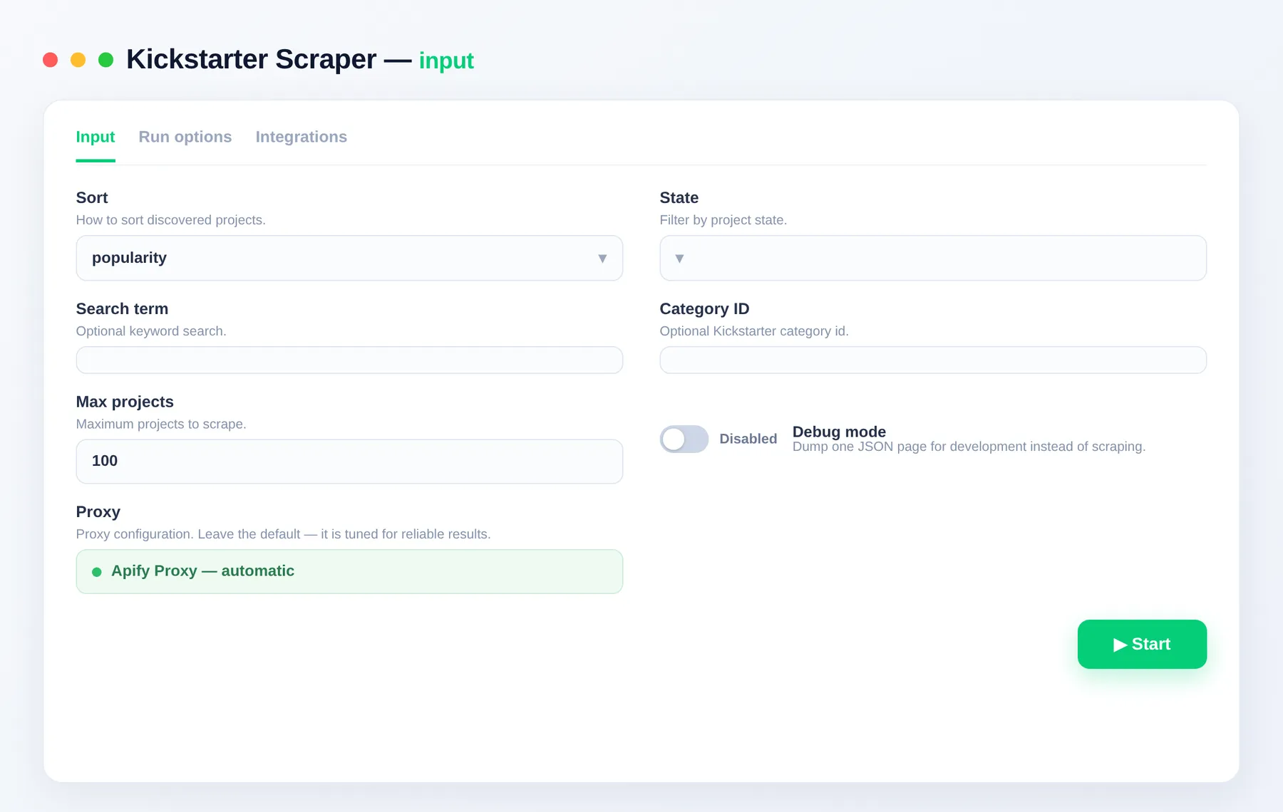 Kickstarter Scraper input — search term, sort, state and results limit in the Apify Console