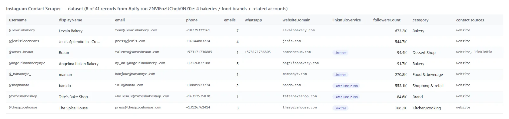 Instagram Email Scraper output table with emails, phones, WhatsApp and websites