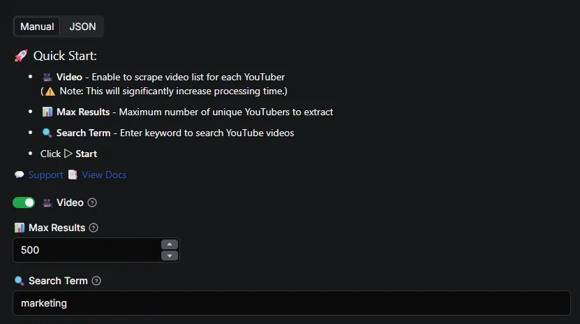 YouTuber Scraper Input Interface - Configure YouTube channel search: select max results, search term, and video list option