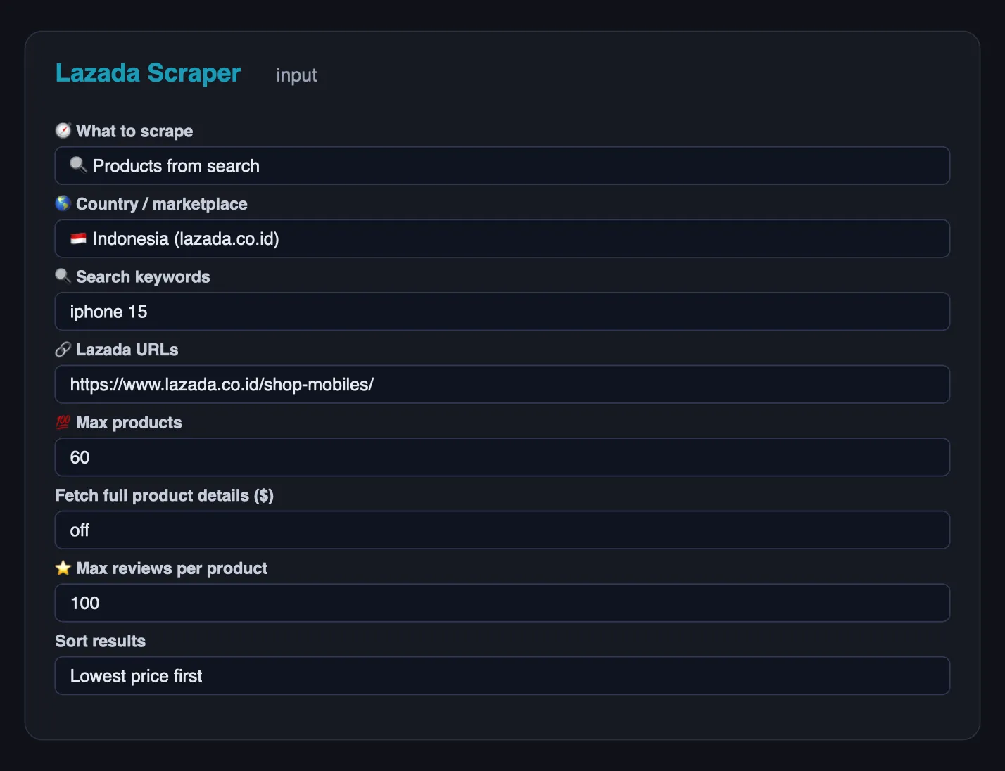 Lazada Scraper input form: mode, country, search keywords, Lazada URLs, max products, reviews and sorting