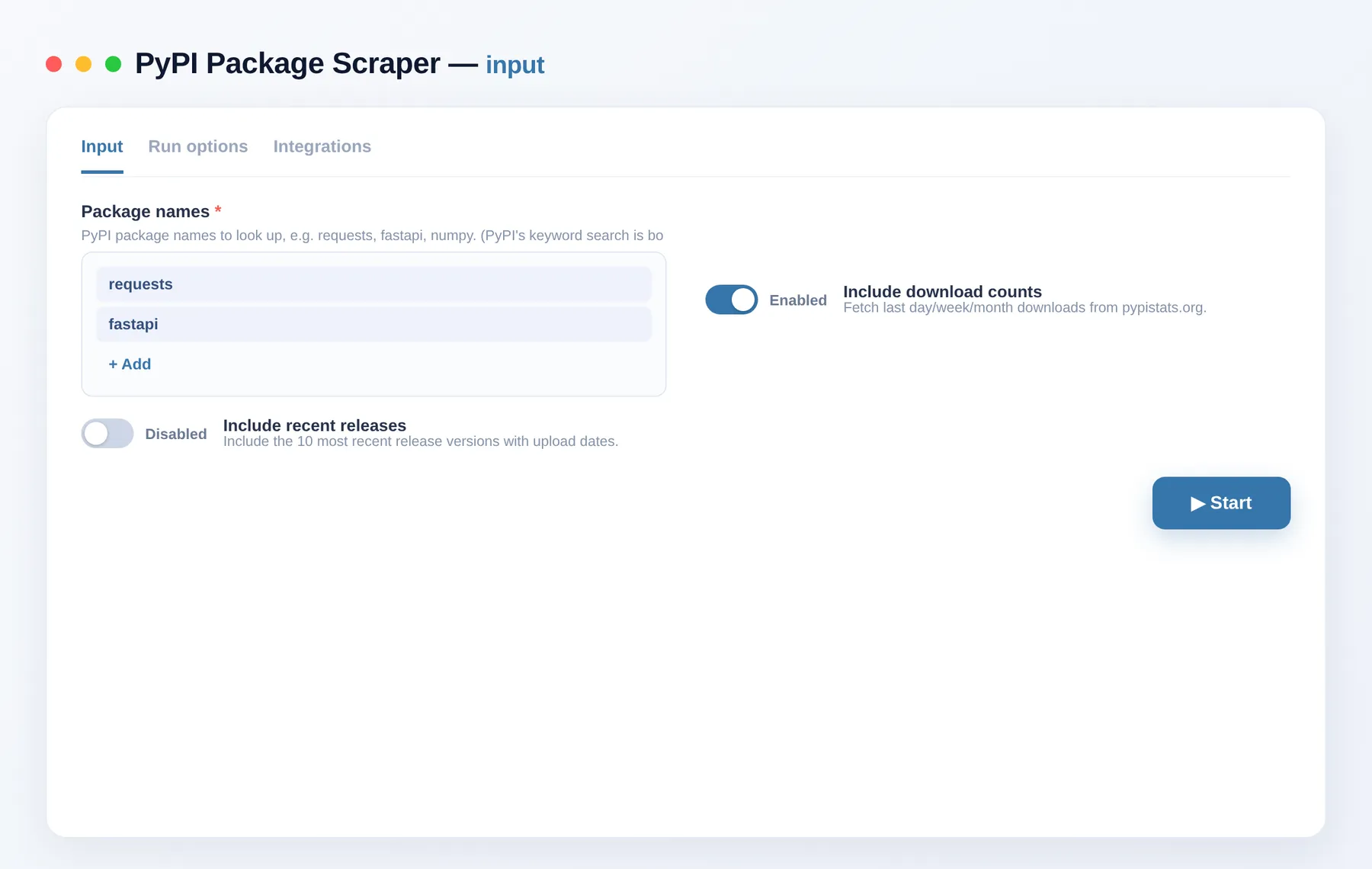 PyPI Package Scraper input โ package names and download options in the Apify Console