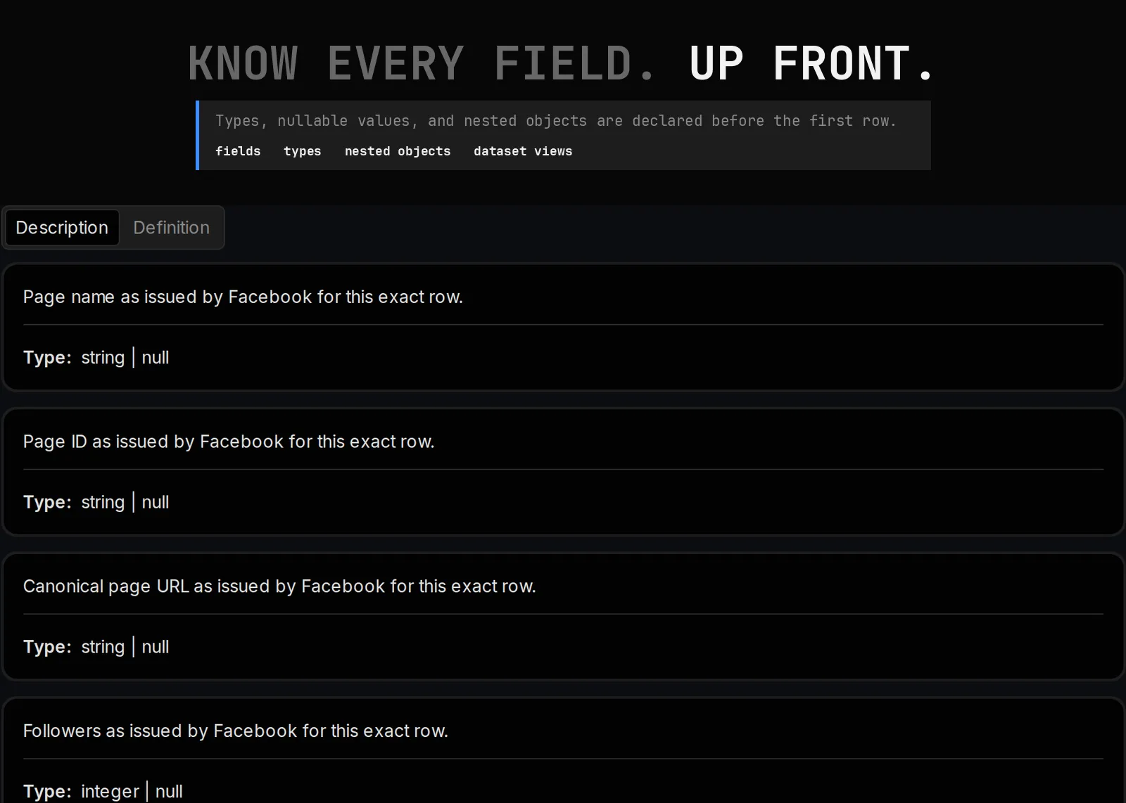 Facebook Data Export Scraper declared output schema