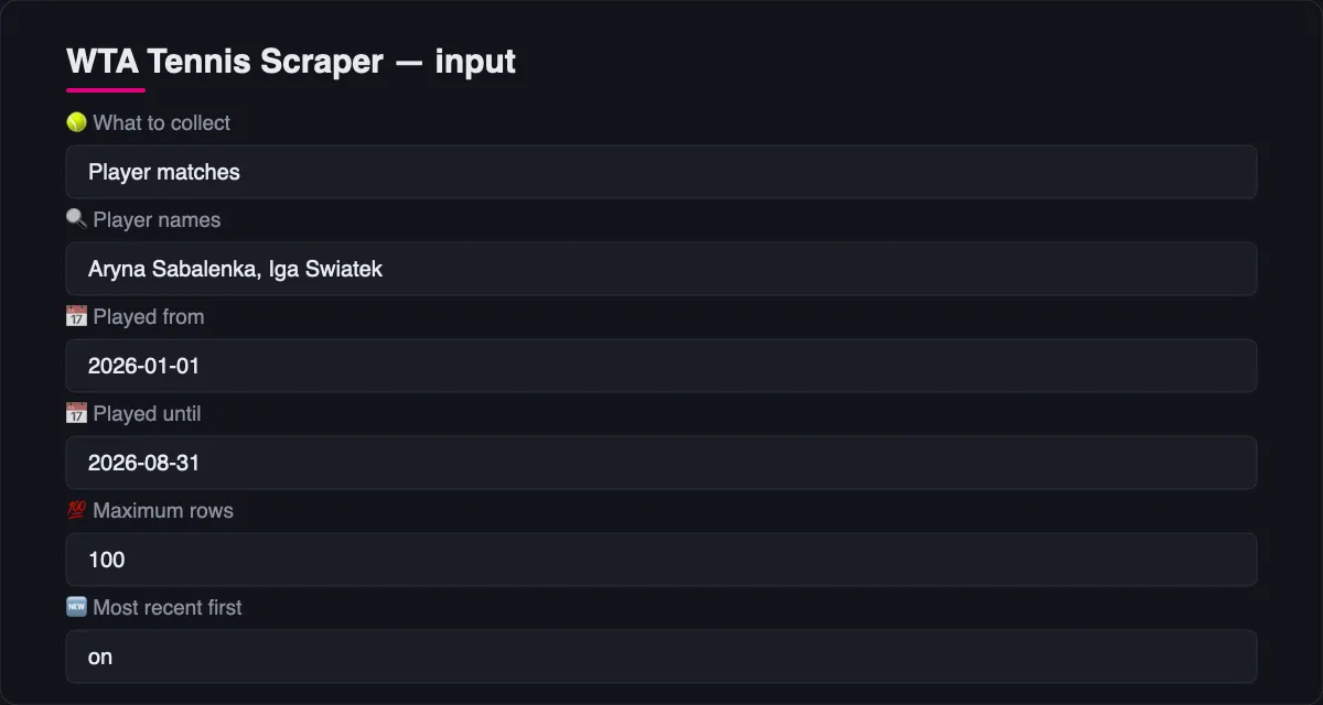 WTA Tennis Scraper input: mode, player names, date window and row limit