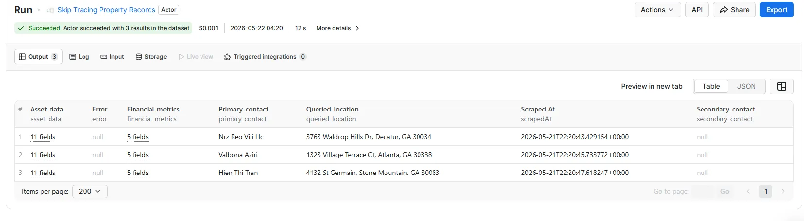 Extracted skip tracing data in a clean Apify table view