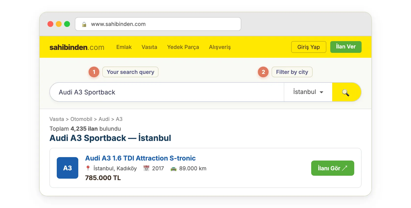 Sahibinden.com — search listings and copy URLs