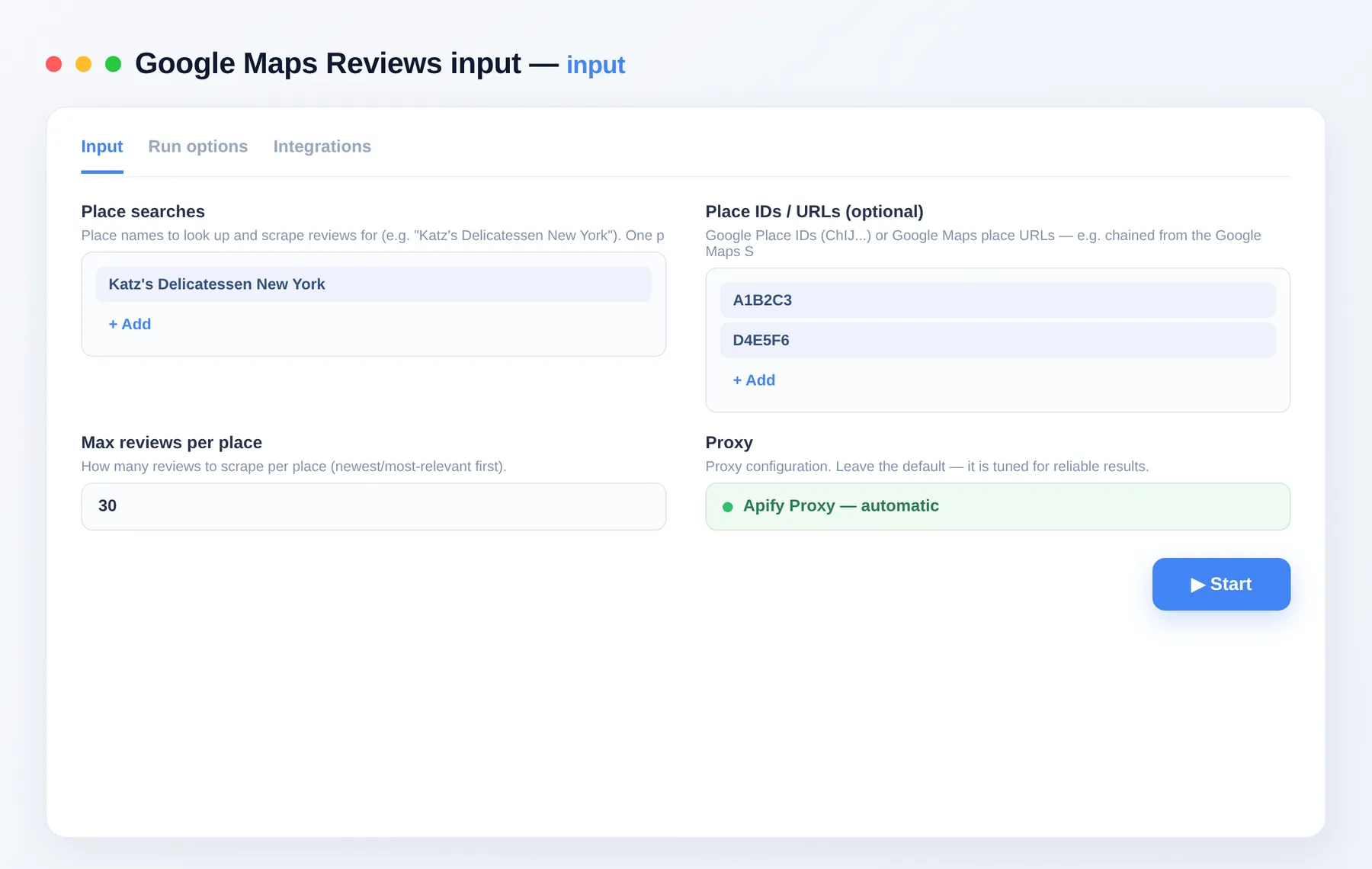 Google Maps Reviews input — place searches, Place IDs and reviews-per-place in the Apify Console
