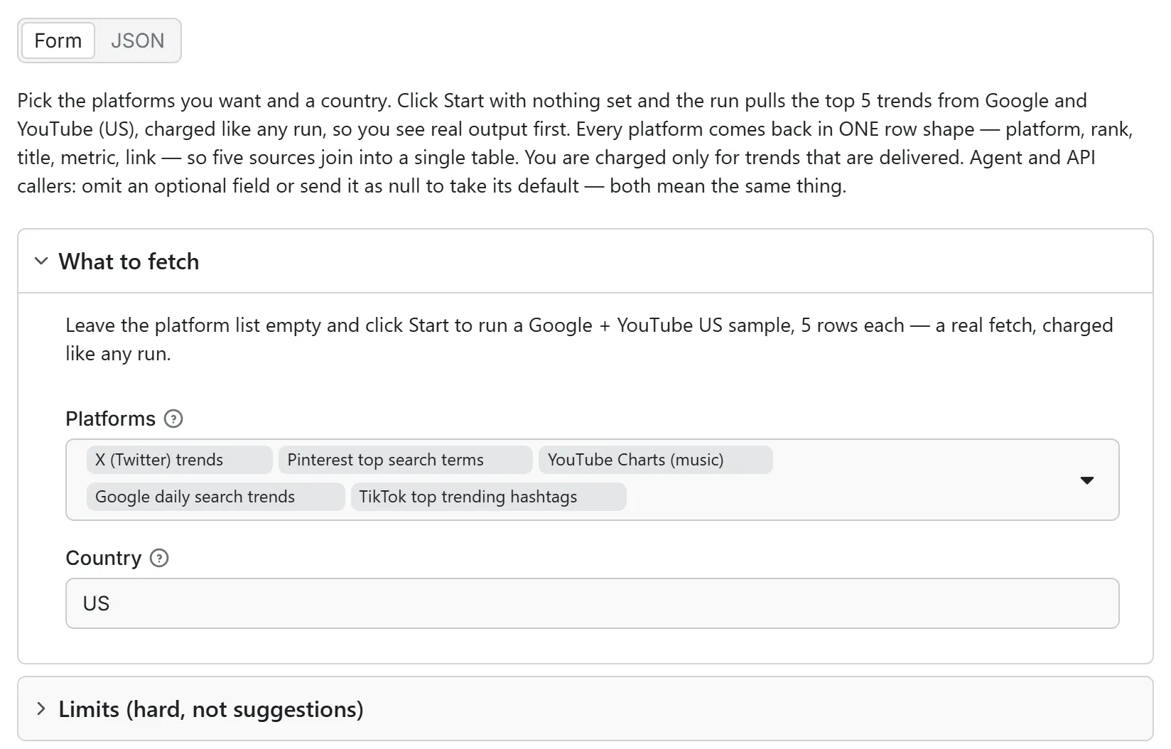 Social Trends Scraper input form in the Apify console: the five-platform multi-select with the country set to US