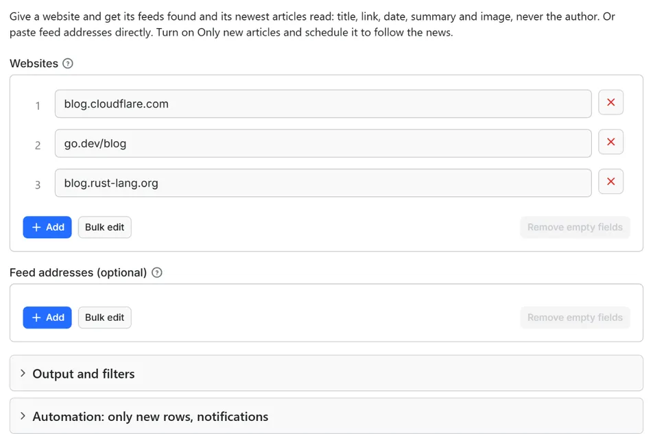 Input form of RSS Feed Finder and Reader – Blog and News Article API