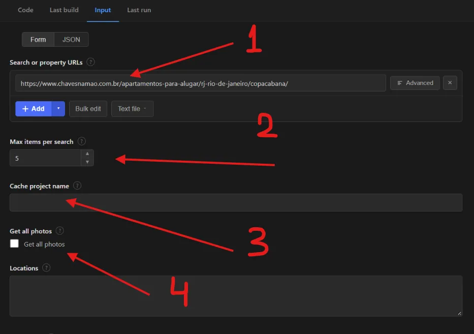 Chaves na Mão Property Scraper input form in Apify Console: search or property URLs, max items per search, cache project name and get all photos