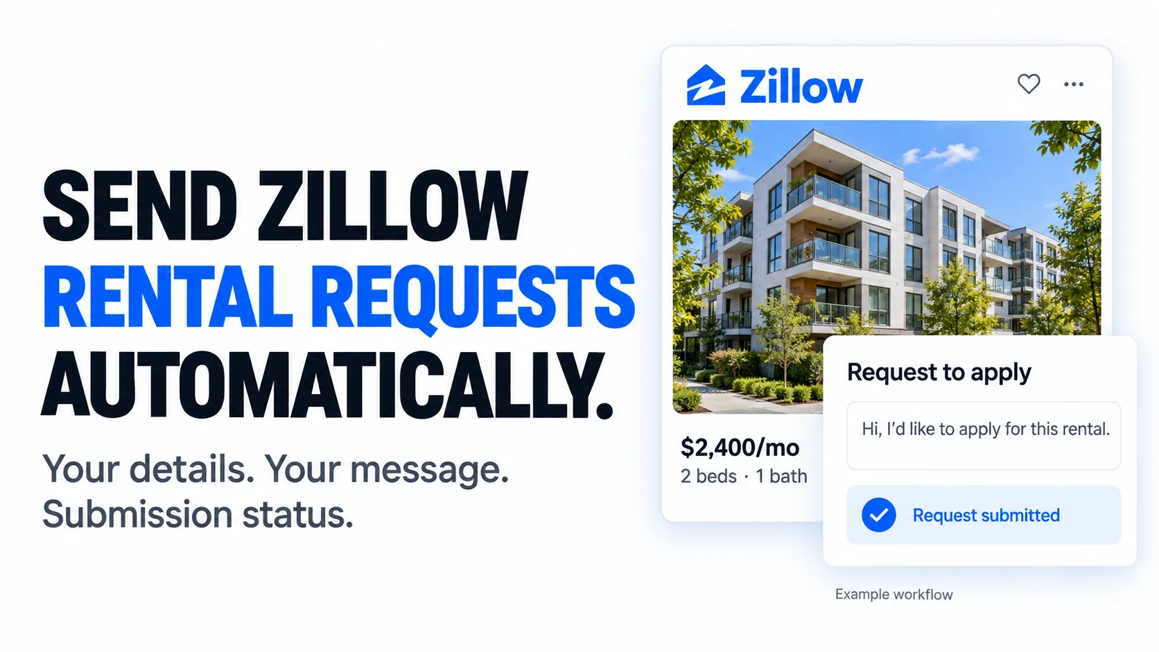 Send Zillow rental requests automatically. Your details. Your message. Submission status.