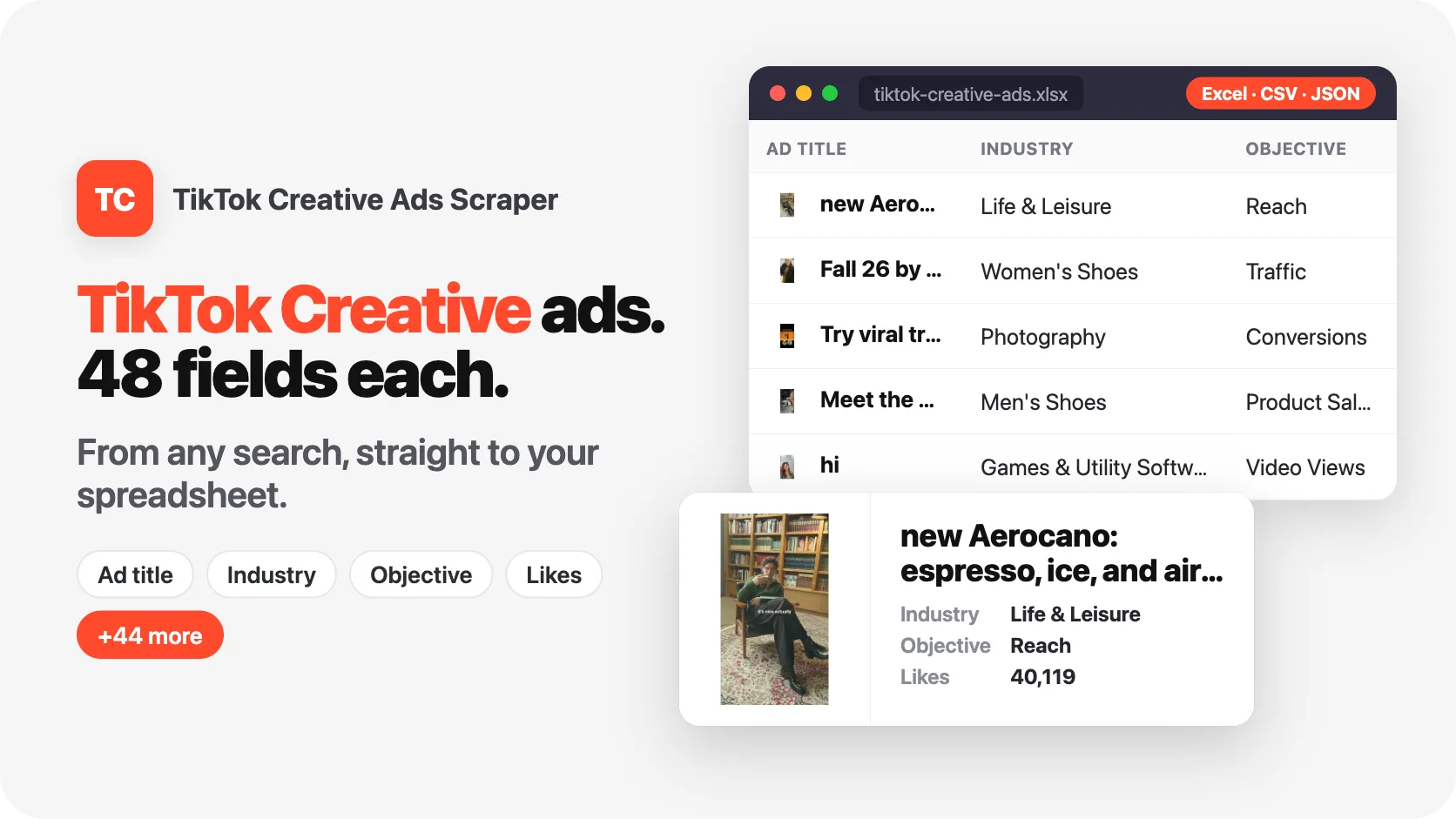 TikTok Creative ads, 48 fields each, from any search.