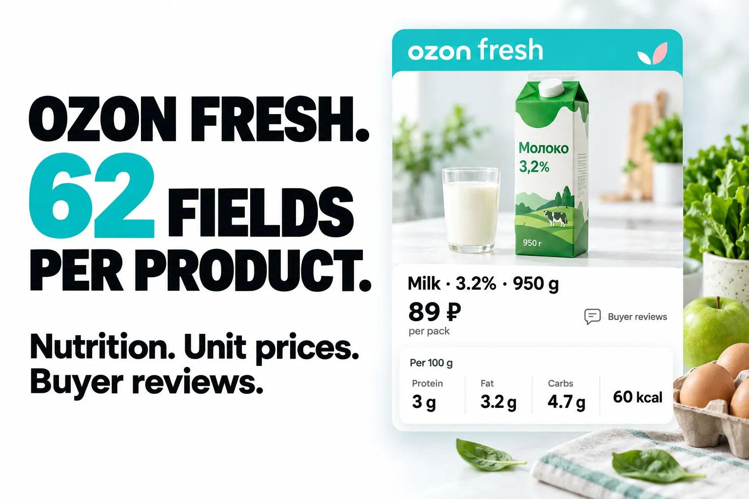 Ozon Fresh. 62 fields per product. Nutrition. Unit prices. Buyer reviews.