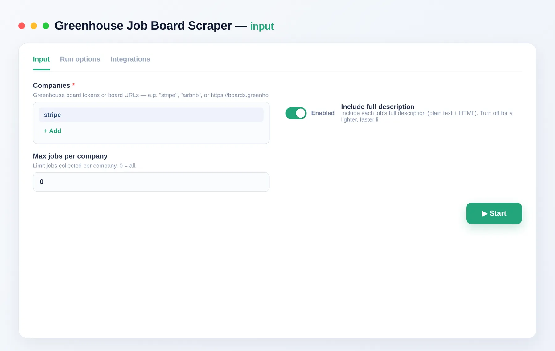 Greenhouse Job Board Scraper input β companies, includeContent and maxJobsPerCompany in the Apify Console