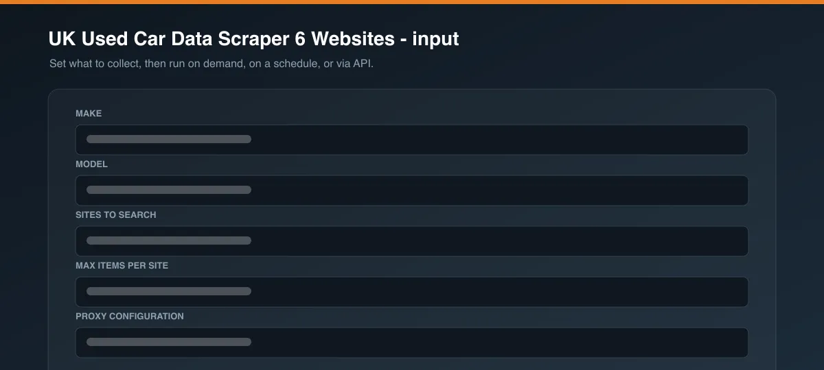 UK Used Car Data Scraper 6 Websites input options
