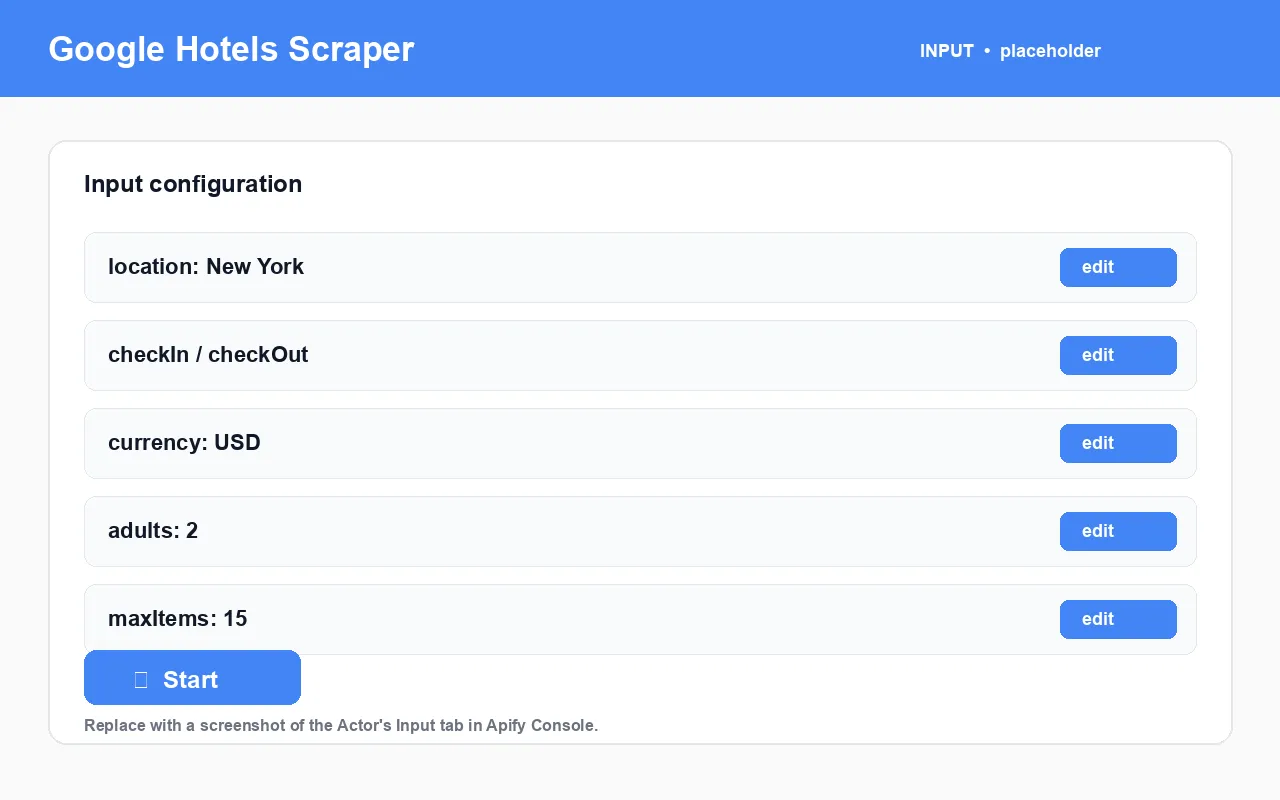 Google Hotels Scraper input configuration panel