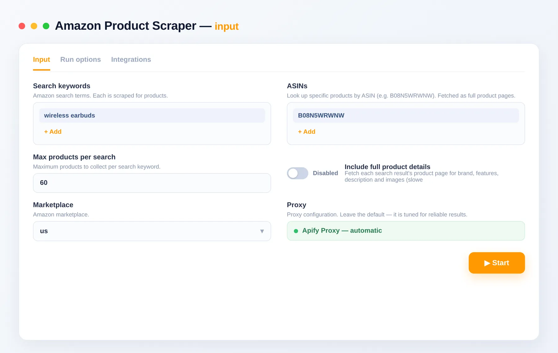 Amazon Product Scraper input — search terms, ASINs and marketplace country in the Apify Console