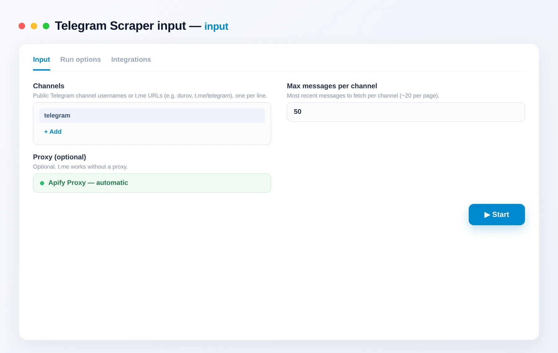 Telegram Channel Scraper input — channel usernames and message limit in the Apify Console