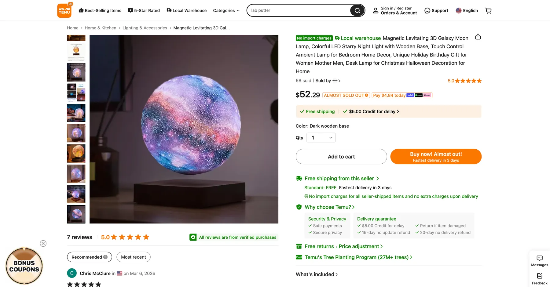 Temu listing — same moon lamp, $52.29