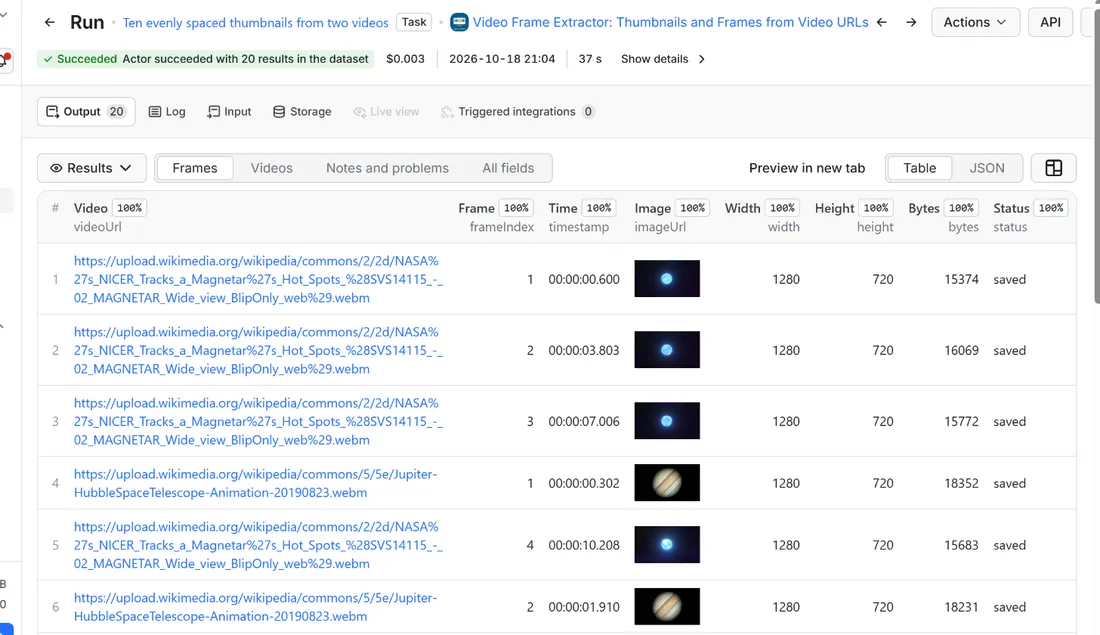 Results of Video Frame Extractor: Thumbnails and Frames from Video URLs in the Apify dataset view