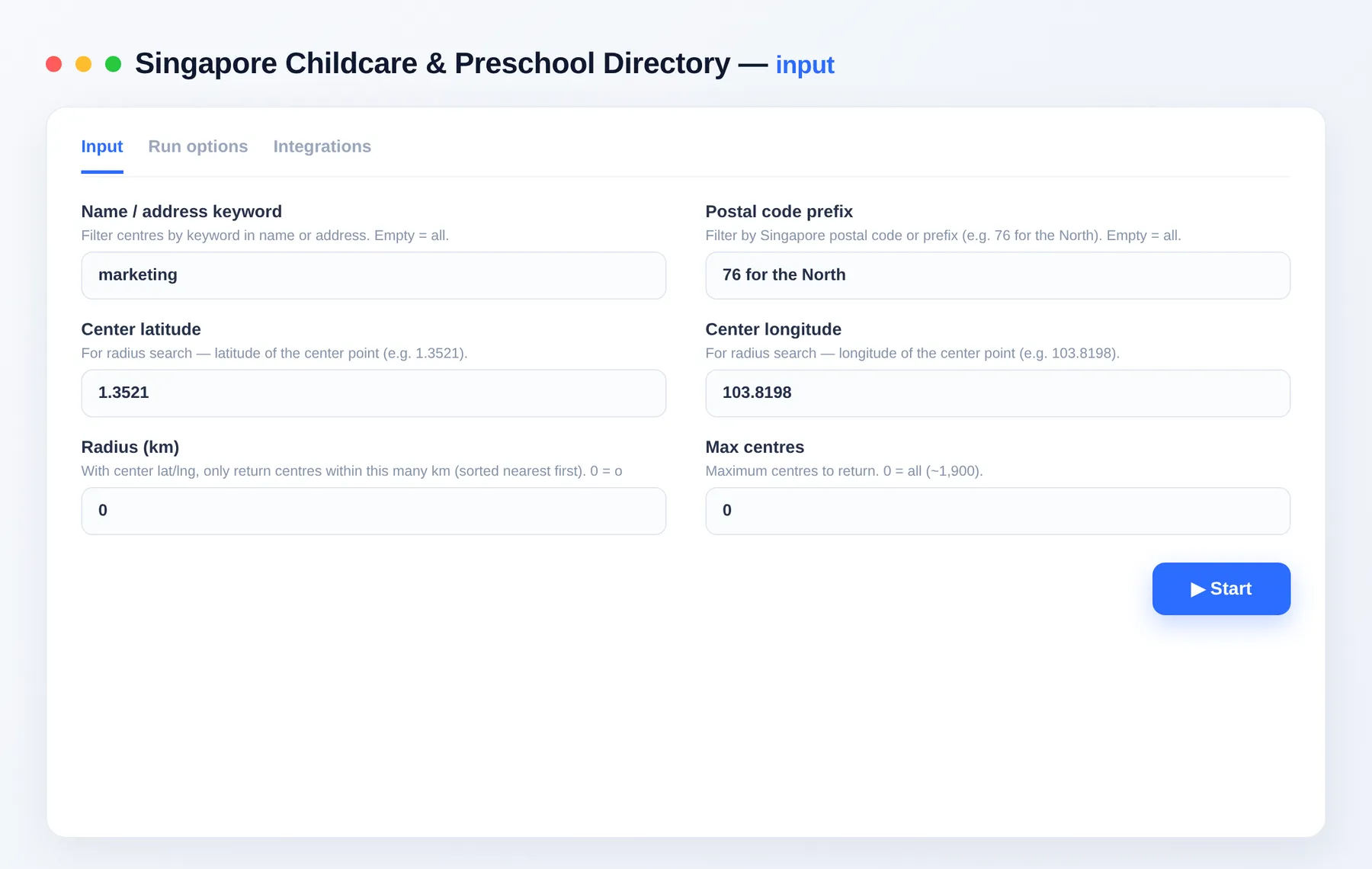 Singapore Childcare Directory input β postal code, radius and item limit in the Apify Console