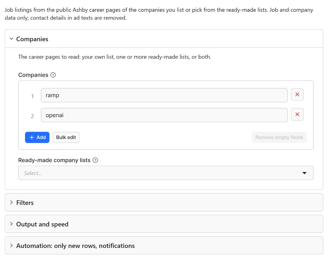 Input form of Ashby Jobs Scraper – Job Postings with Salary Ranges
