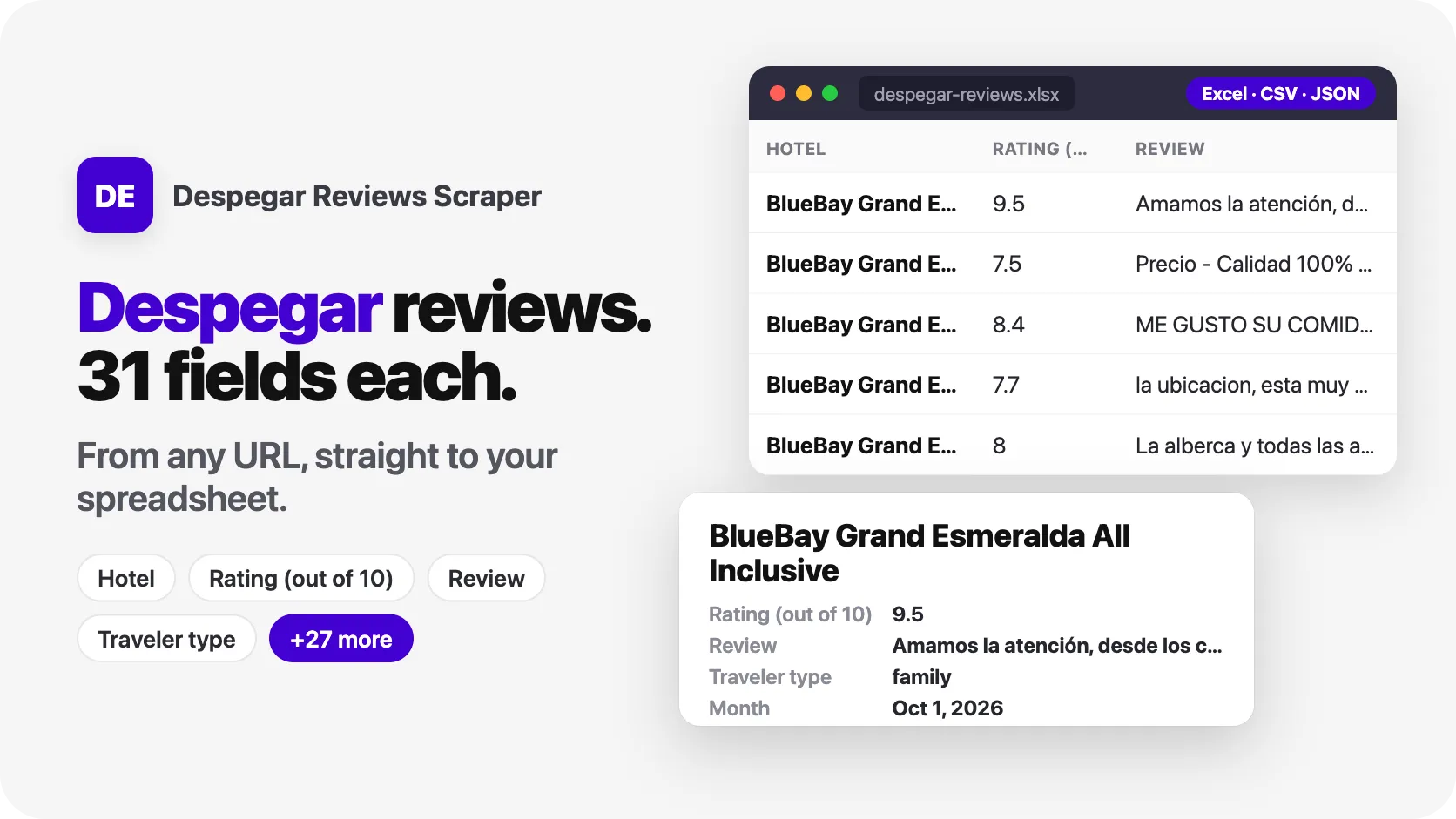 Despegar reviews, 31 fields each, from any URL.