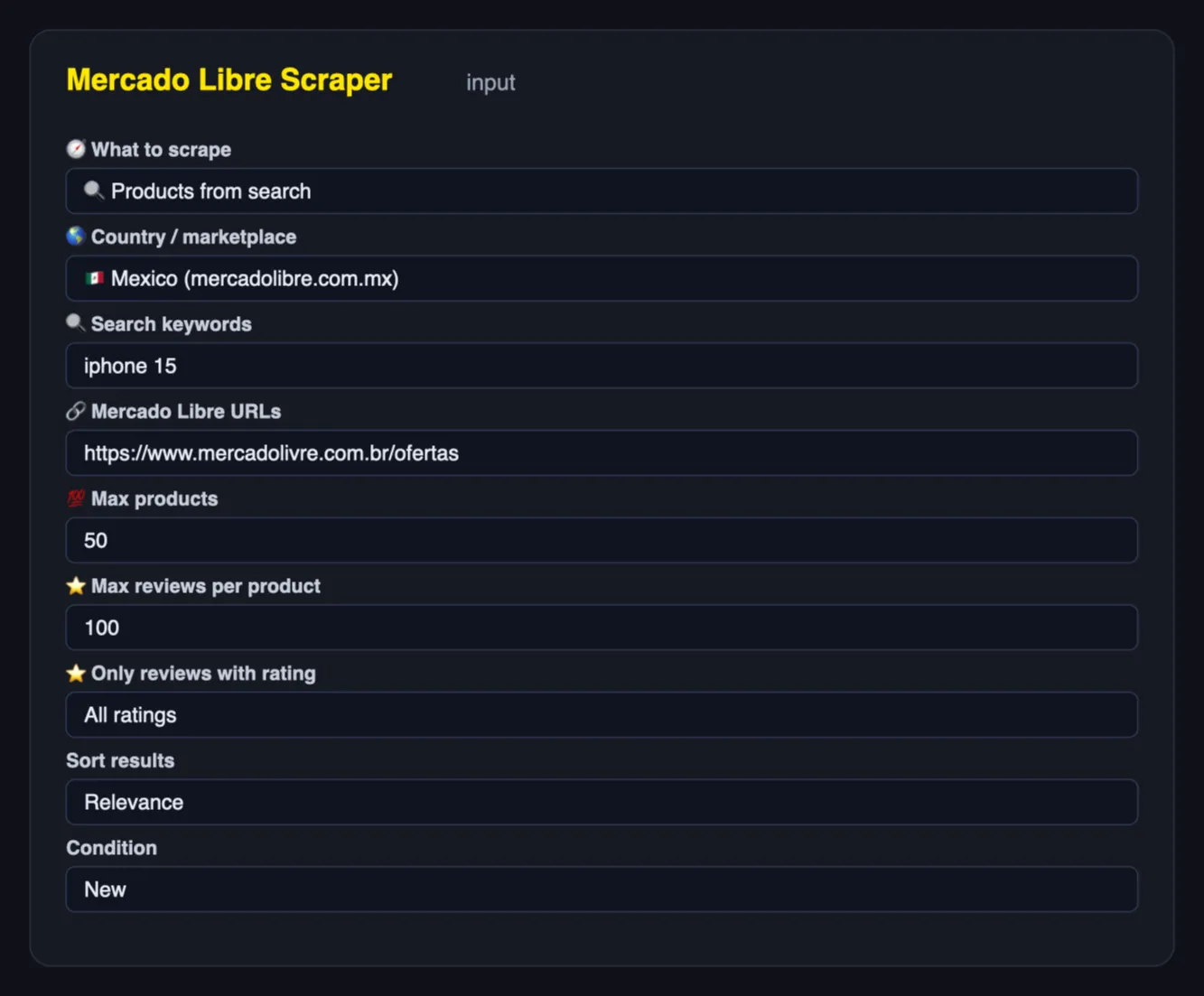 Mercado Libre Scraper input form: mode, country, search keywords, URLs, max products, reviews filters