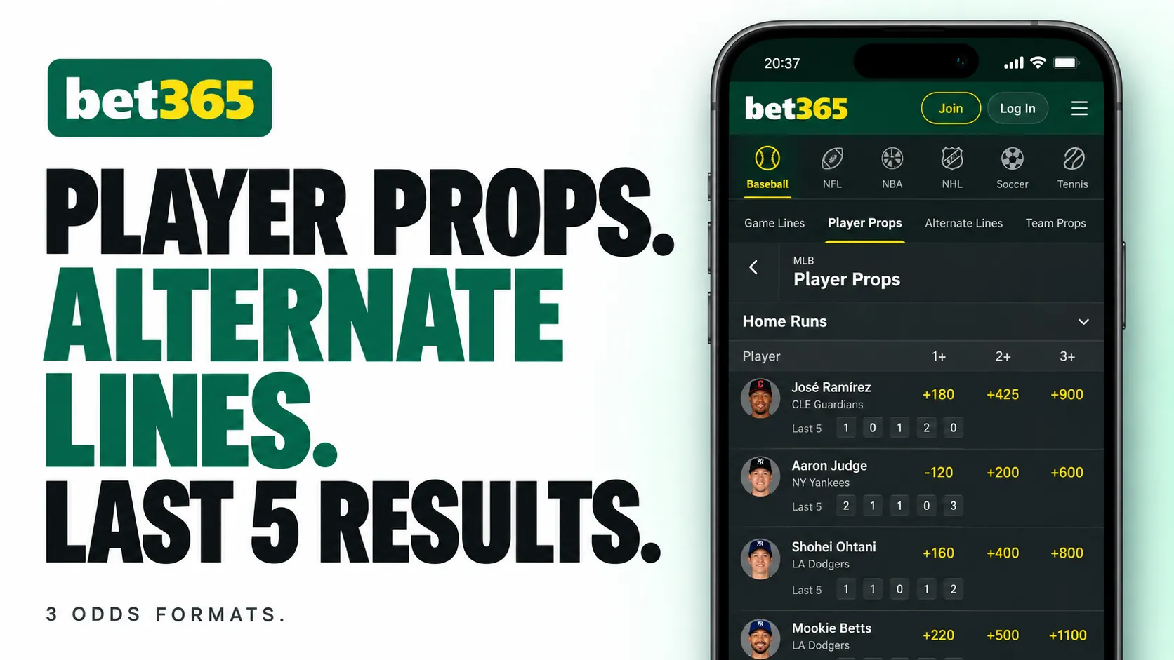 Bet365. Player props. Alternate lines. Last 5 results. 3 odds formats.