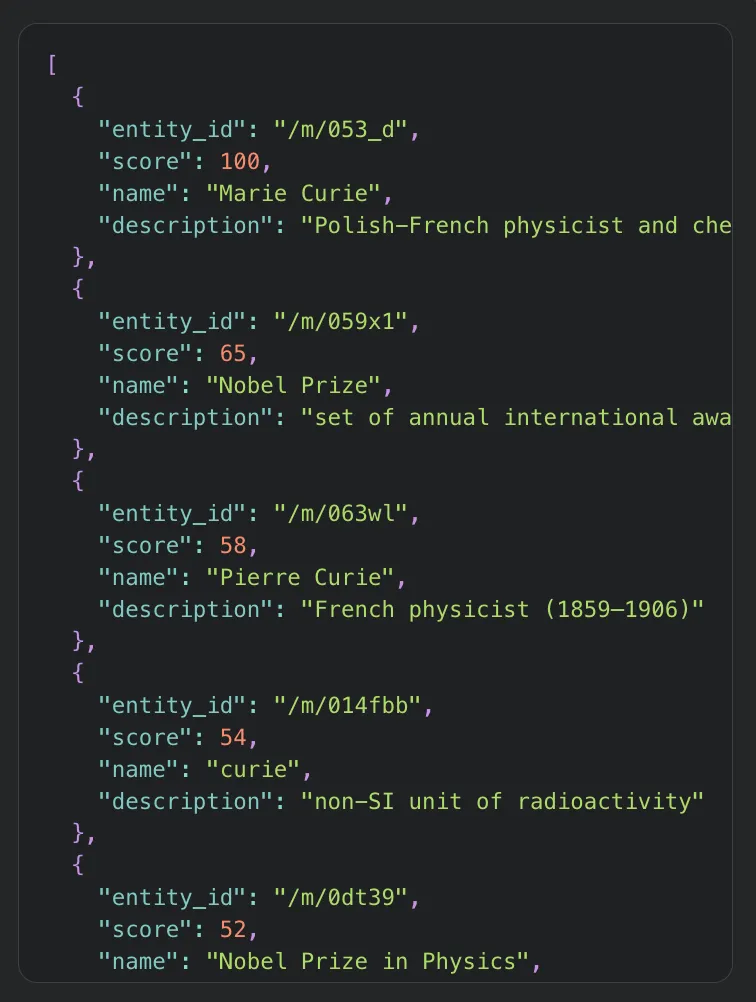 Entity extraction API output: Google Knowledge Graph entities with 0–100 confidence scores, names and descriptions for the Wikipedia Marie Curie page
