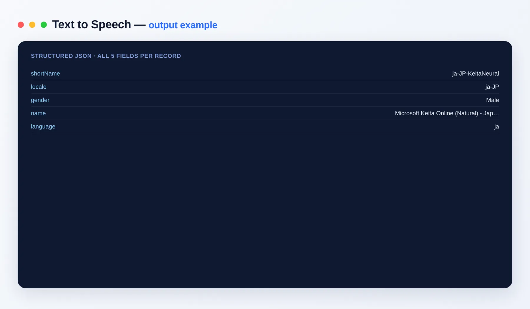 Text to Speech output example β the neural voice catalog as structured JSON