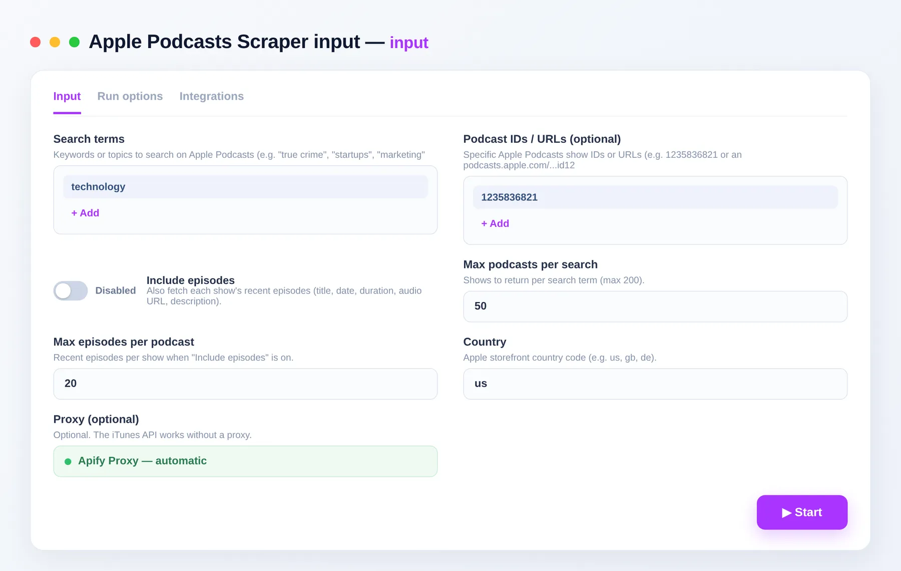 Apple Podcasts Scraper input — search terms, storefront country and episode limits in the Apify Console