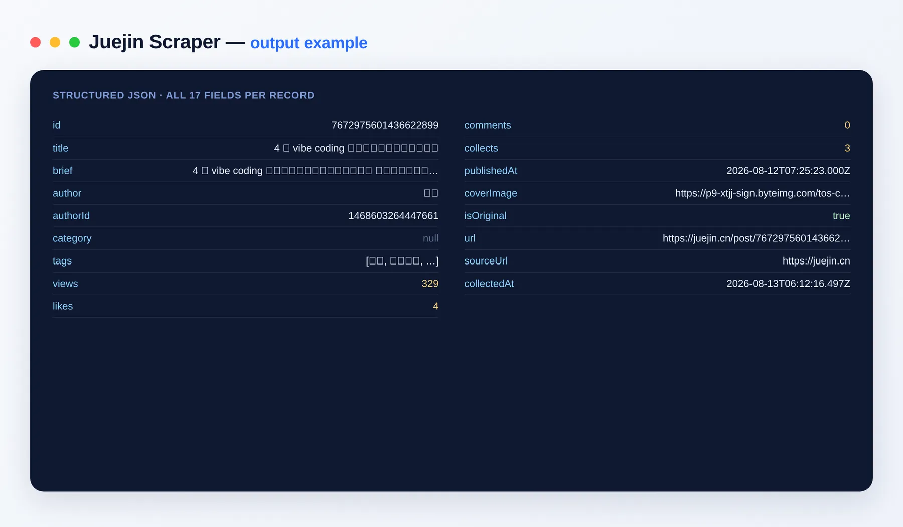 Juejin Scraper output — a developer-article dataset with author and engagement fields