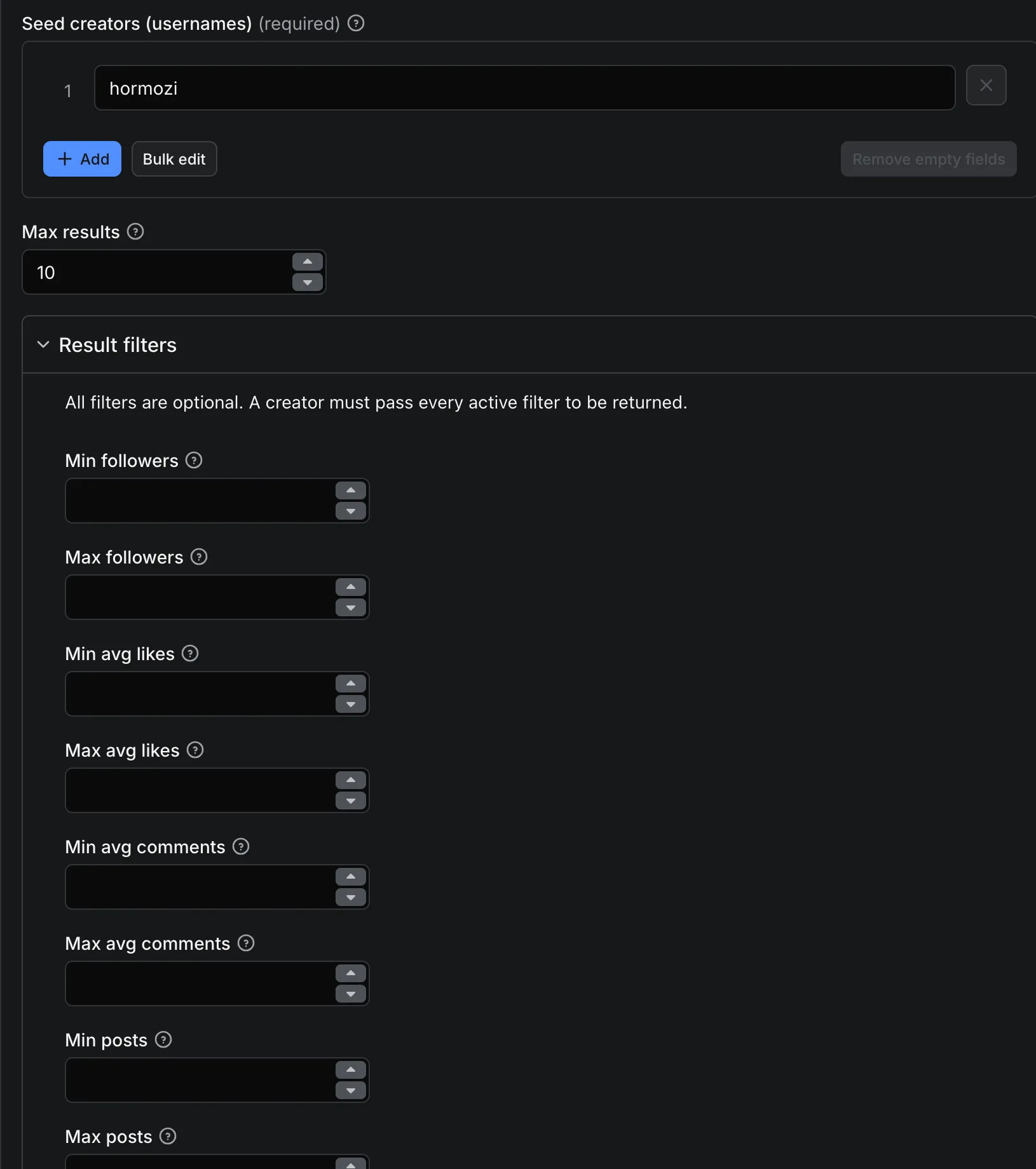 Actor input: seed creators, max results, and the optional result filters