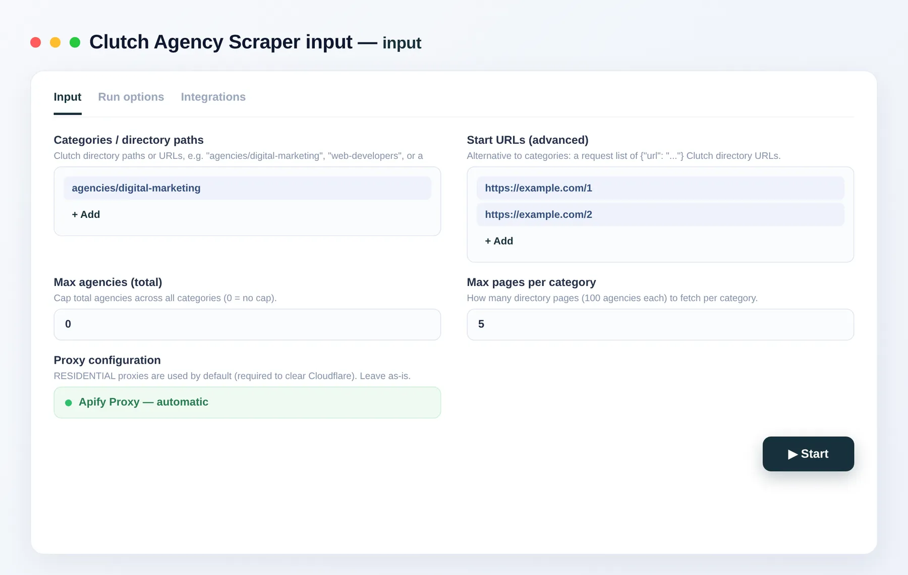 Clutch Scraper input โ categories, pages per category and max items in the Apify Console