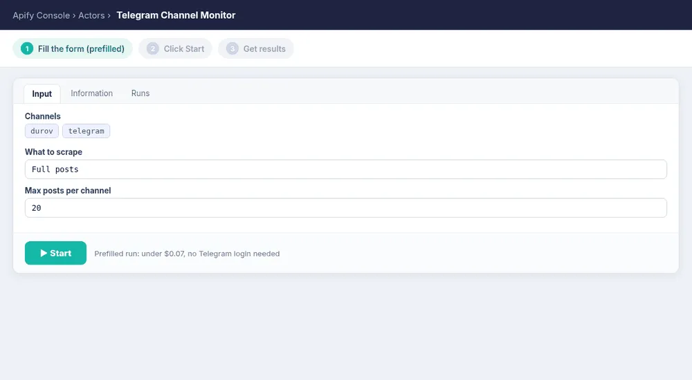 Walkthrough: the prefilled form, click Start, then the posts table in the Output tab
