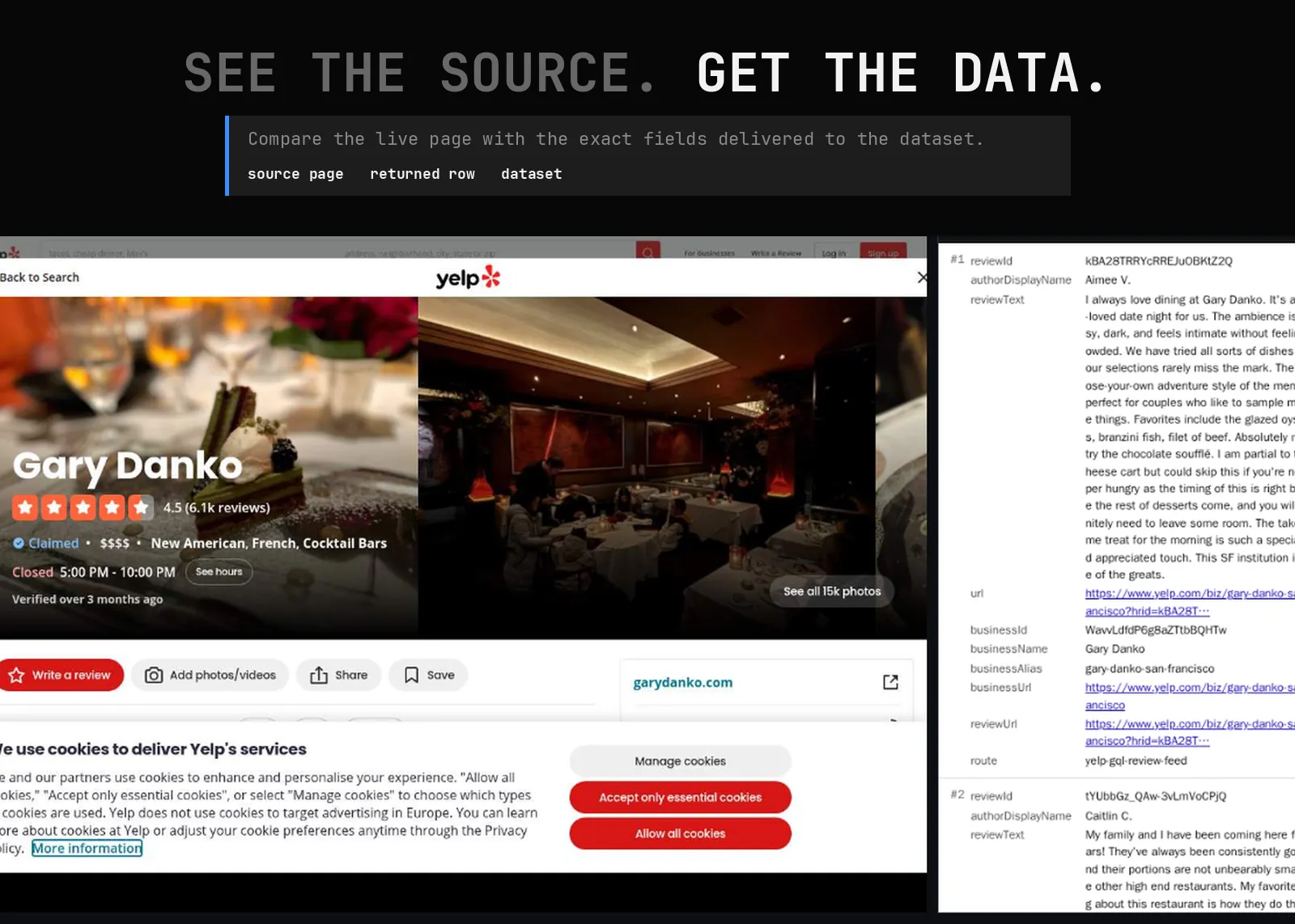 Yelp Review Scraper source page and returned record