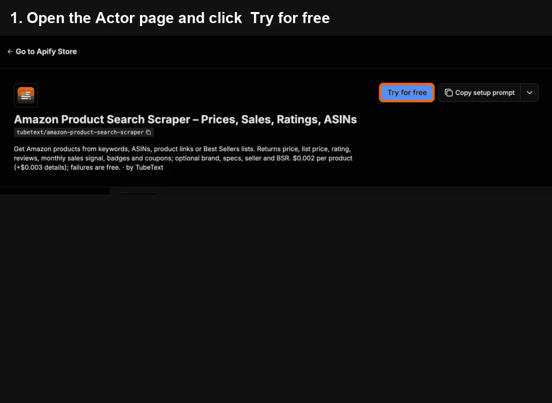 Amazon Product Search Scraper quick start: click Try for free, paste your input, click Start, export to Excel