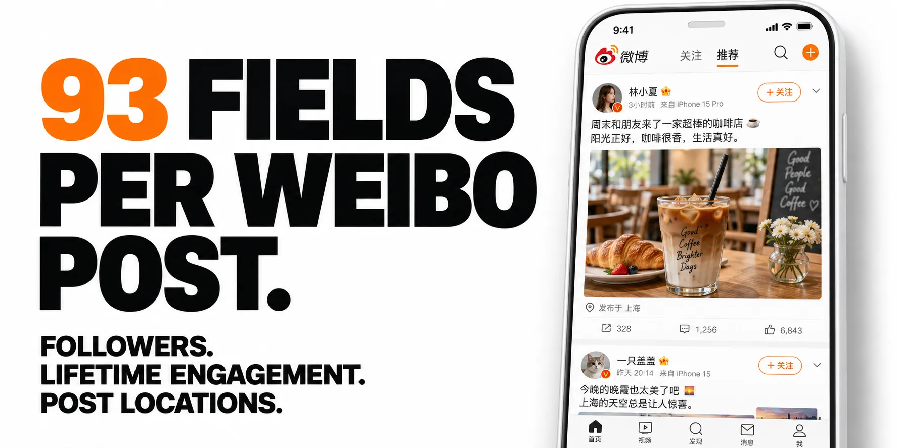93 fields per Weibo post. Followers. Lifetime engagement. Post locations.