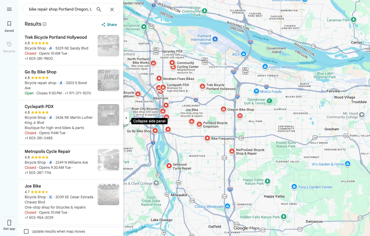 Real Google Maps search results for bike repair shops in Portland