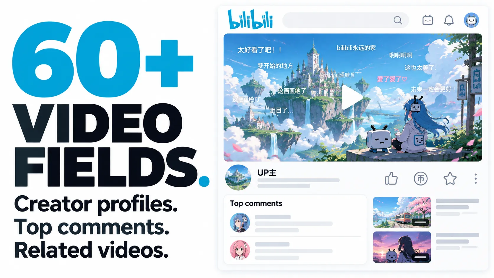 Bilibili: 60+ video fields. Creator profiles. Top comments. Related videos.