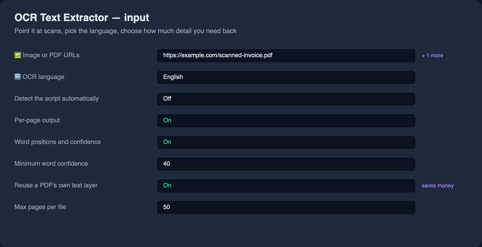 OCR Text Extractor input: image and scanned PDF URLs, OCR language, word boxes and confidence settings