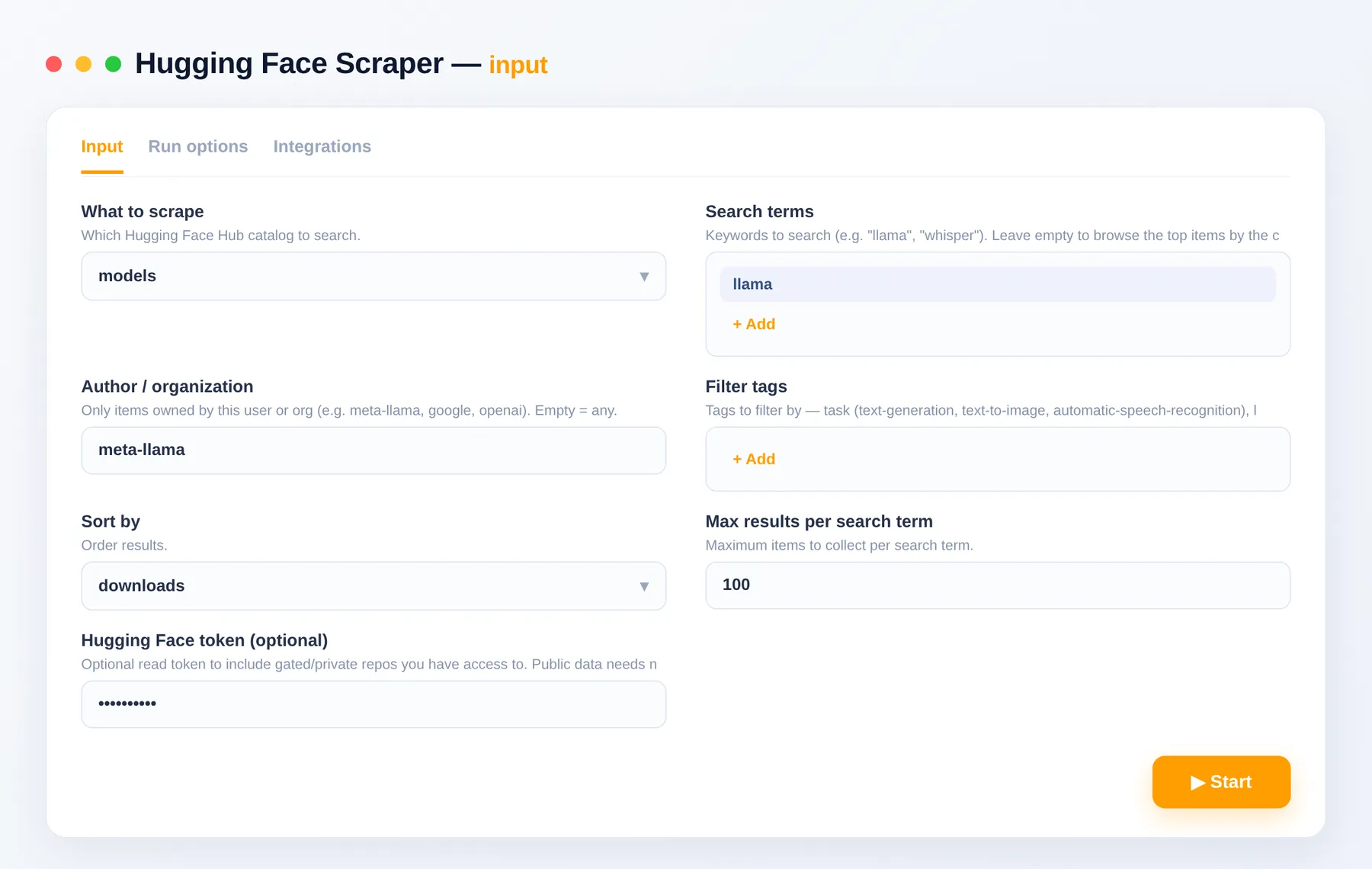 Hugging Face Scraper input — content type, search keywords, tag filters and sort in the Apify Console