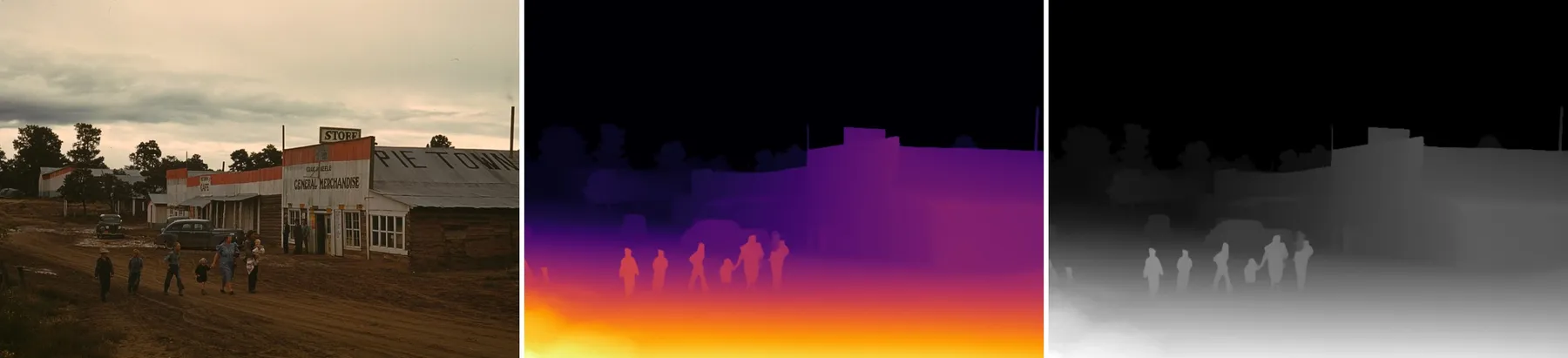 A main street with shops and people walking, with its depth maps
