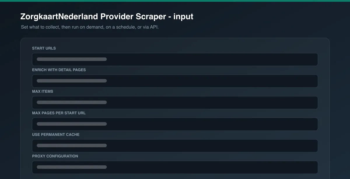 ZorgkaartNederland Provider Scraper input options