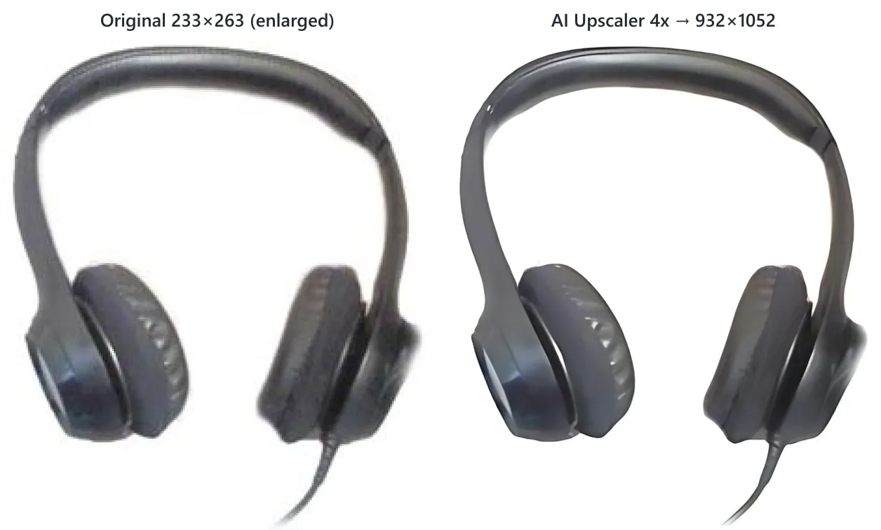 Small product photo enlarged vs. AI upscaled 4x
