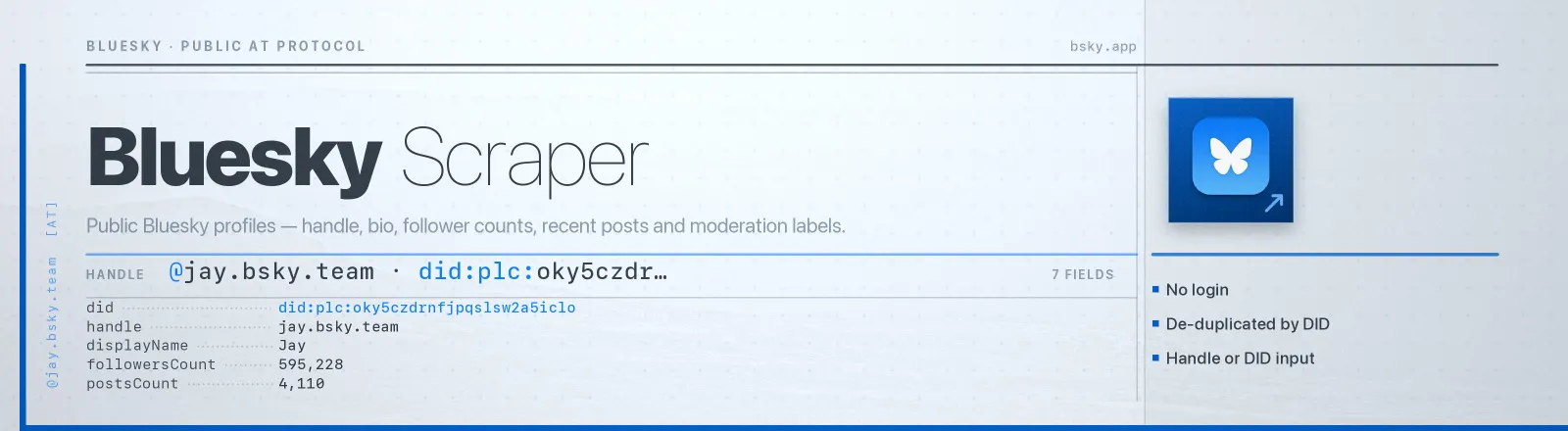 Bluesky Scraper: Public Bluesky profiles, handle, bio, follower counts, recent posts and moderation labels