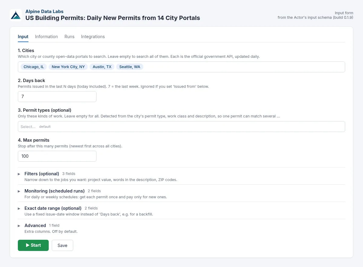 US building permits data input form: cities, permit types, dates and minimum value