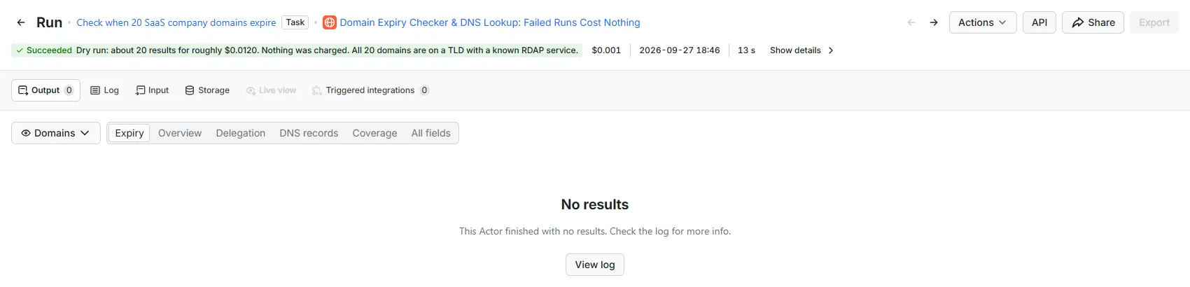 A finished dry run in the Apify Console: its status line reads "Dry run: about 20 results for roughly $0.0120. Nothing was charged."