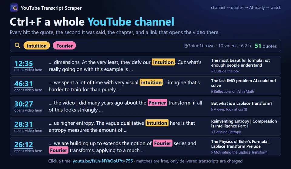Search a whole YouTube channel for your keywords and get timestamped quotes, new-upload alerts and RAG-ready chunks